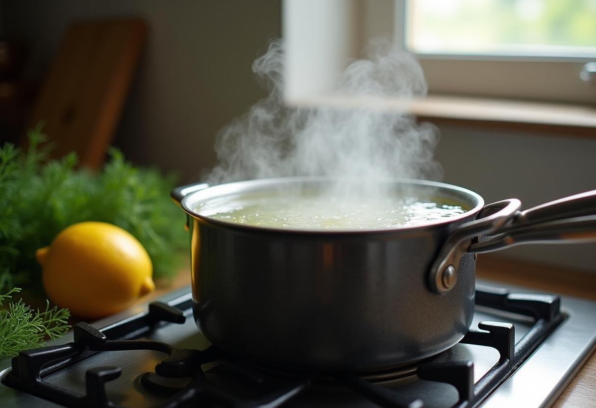Water boiling in a pot for making chá de funcho natural with fresh ingredients.