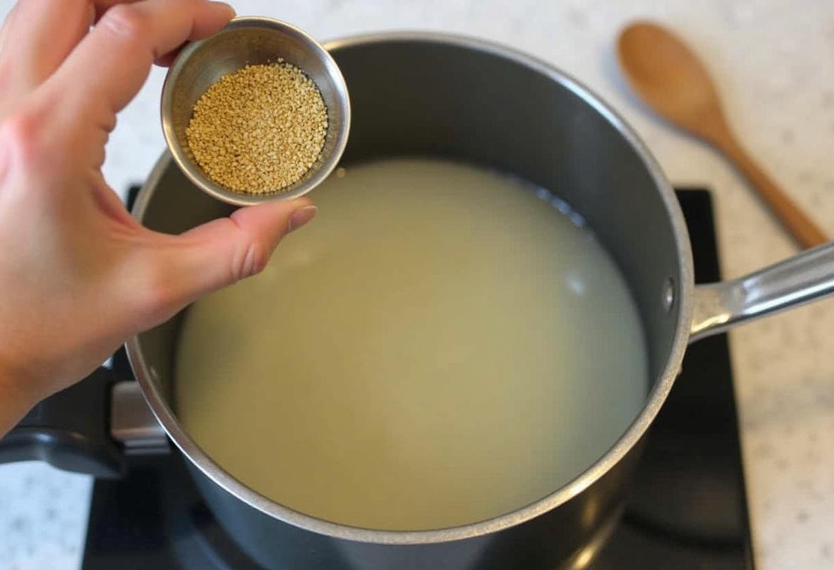Fennel seeds added to boiling water for chá de funcho natural preparation.