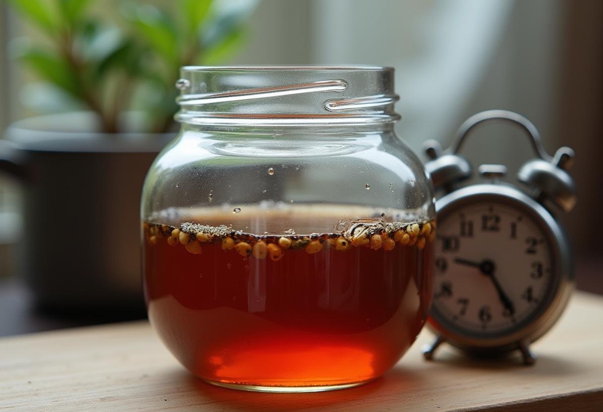 Steeping chá de funcho natural in a jar after boiling ingredients.