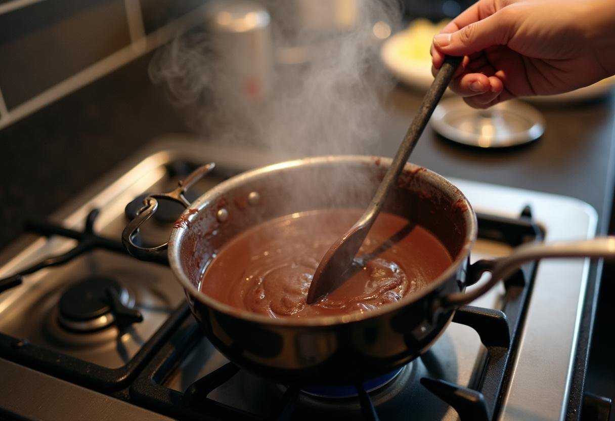 Derretendo chocolate amargo para a receita de Chocolate Merci Caseiro em banho-maria.