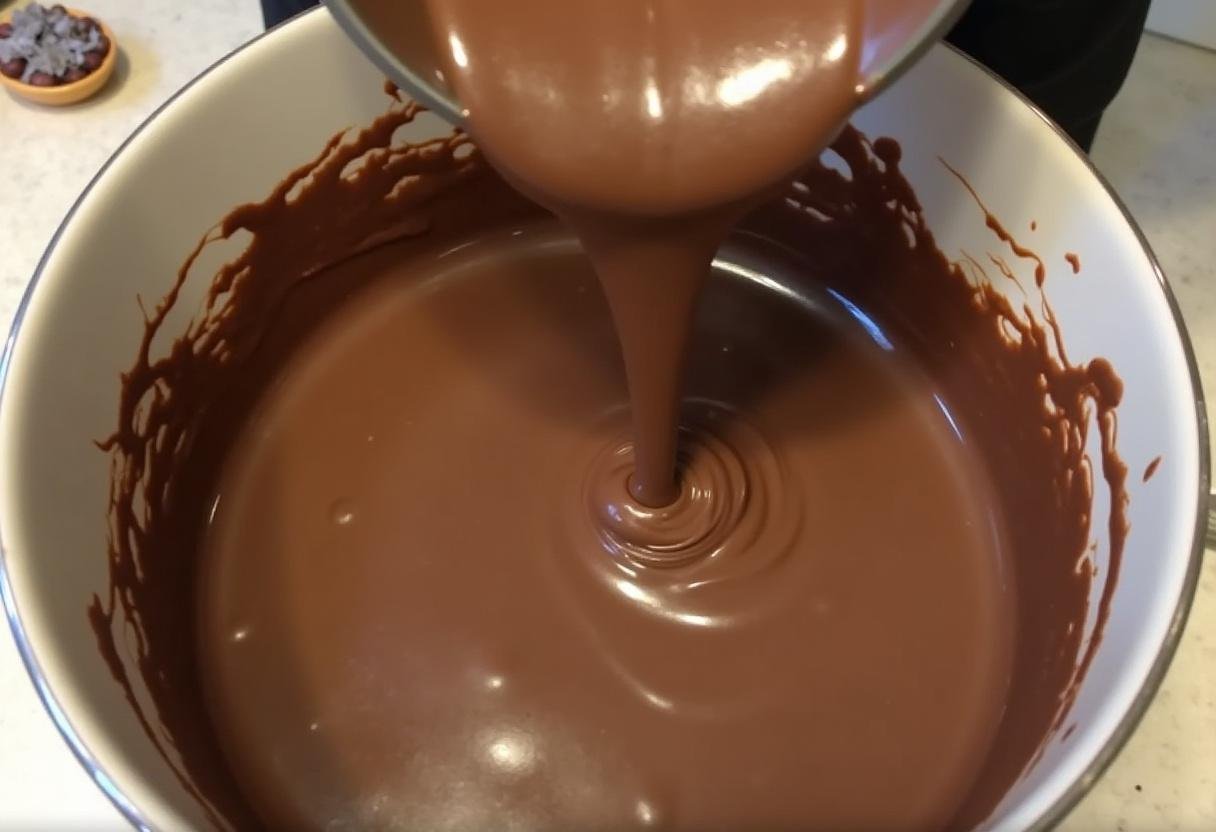 Combinando chocolate amargo e ao leite derretidos para uma rica mistura de Chocolate Merci Caseiro.
