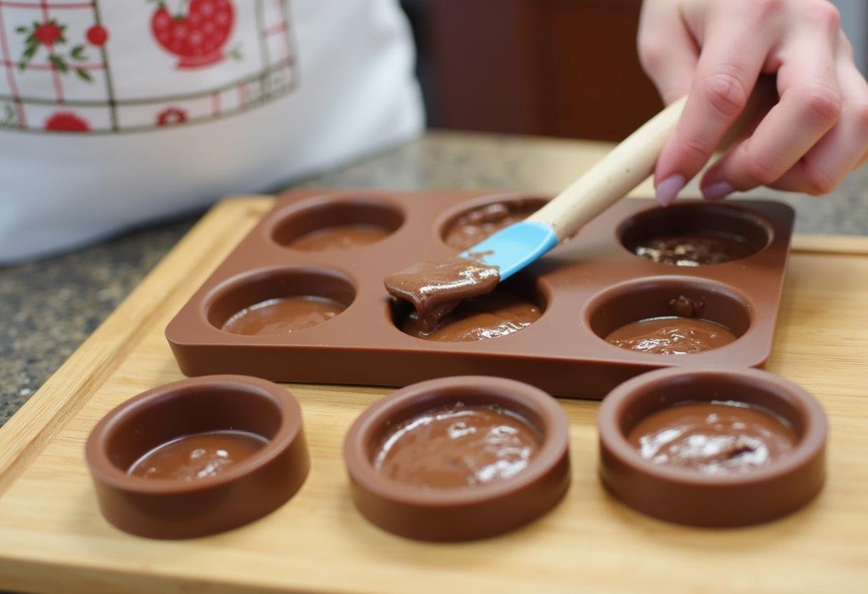 Enchendo formas com mistura de chocolate para Chocolate Merci Caseiro caseiro.