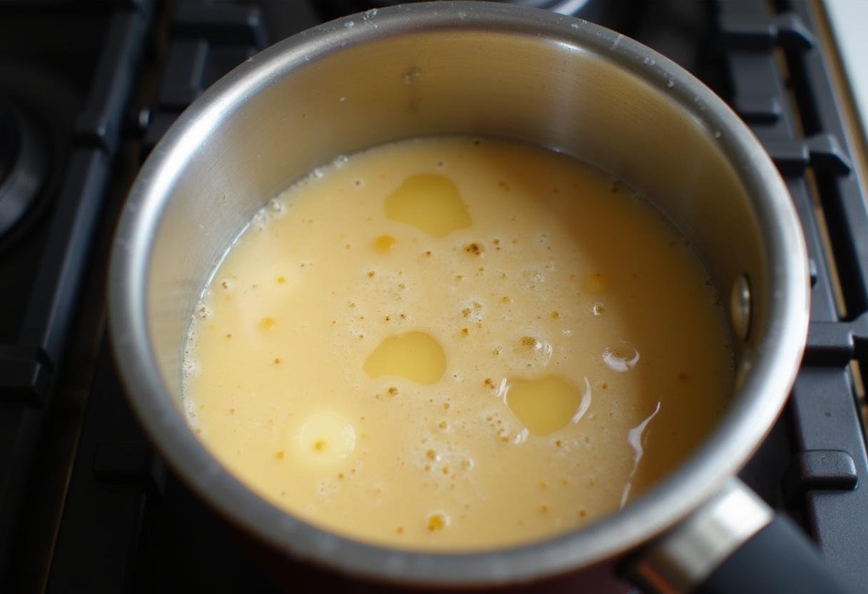 Mistura de leite condensado, açúcar e manteiga cozinhando para receitas com leite condensado.