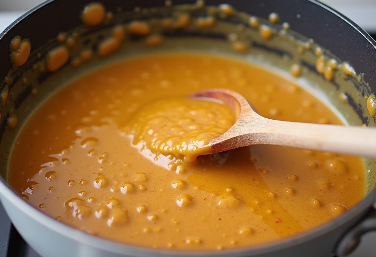 Mistura espessa de leite condensado sendo mexida com colher de pau para receitas com leite condensado.