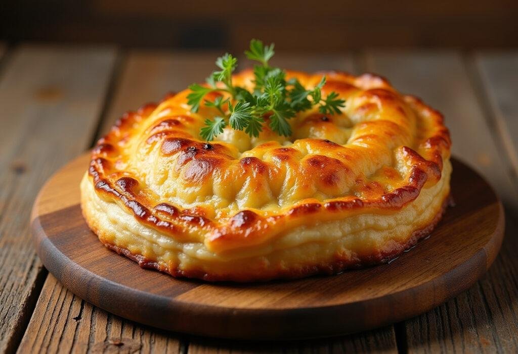 Empadão de bacalhau recheado perfeito, crocante e dourado, ideal para saborear.