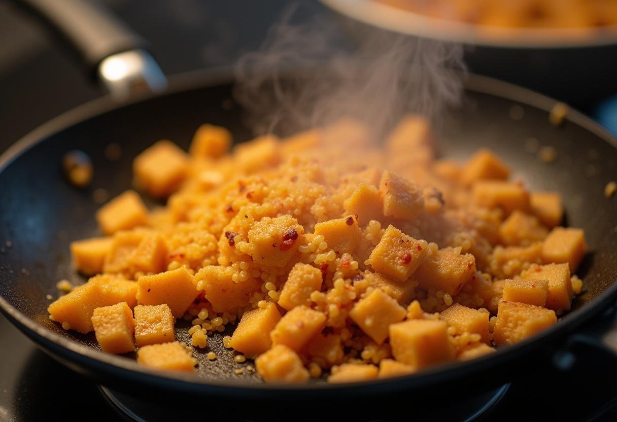 Farinheira being sautéed in a skillet for a delicious farinheira com ovos mexidos dish.