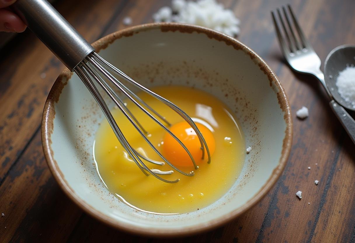 Whisked eggs ready for cooking in the ovos mexidos com farinheira recipe.