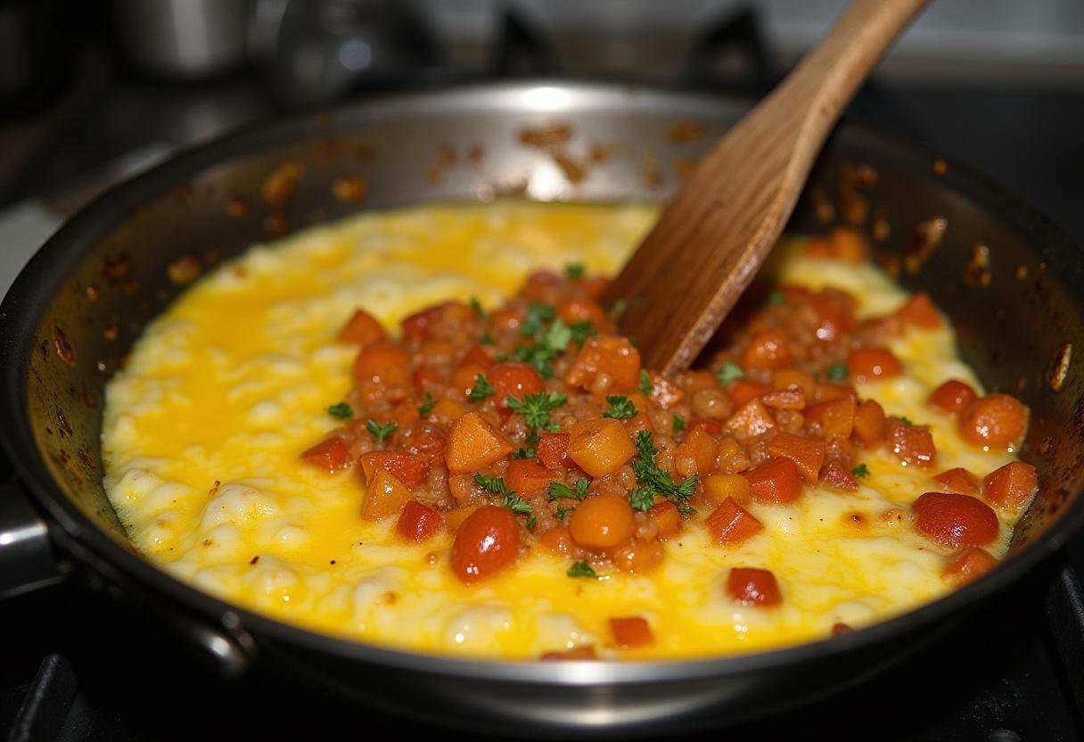 Farinheira mixed with eggs in a skillet, cooking for a hearty ovos mexidos com farinheira dish.