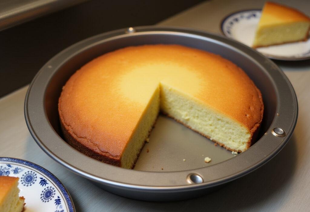 Bolo perfeitamente assado na forma antiaderente, pronto para servir em uma mesa de festa.