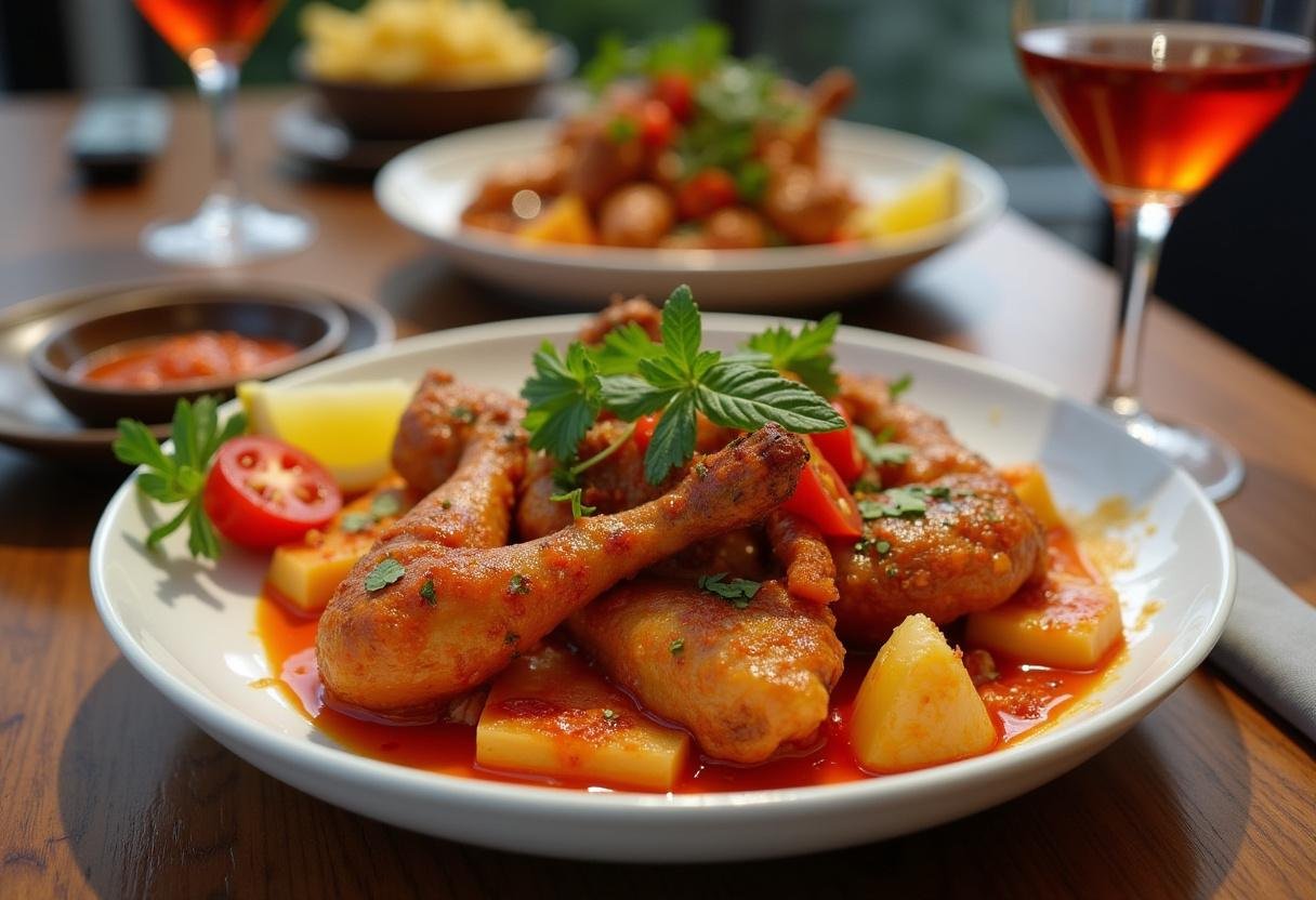 Finished frango piri-piri on a dining table, perfect for sharing and enjoying.