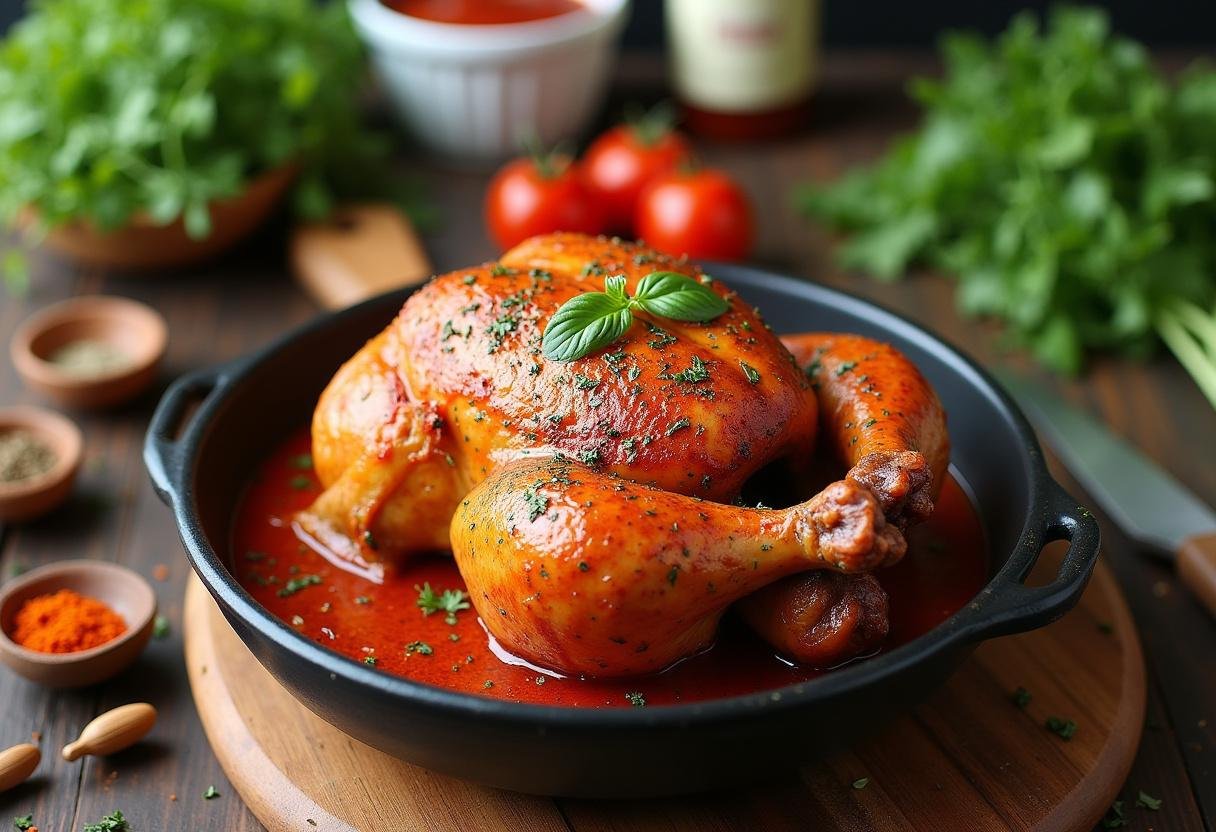 Marinating whole chicken in piri-piri sauce for frango piri-piri recipe.