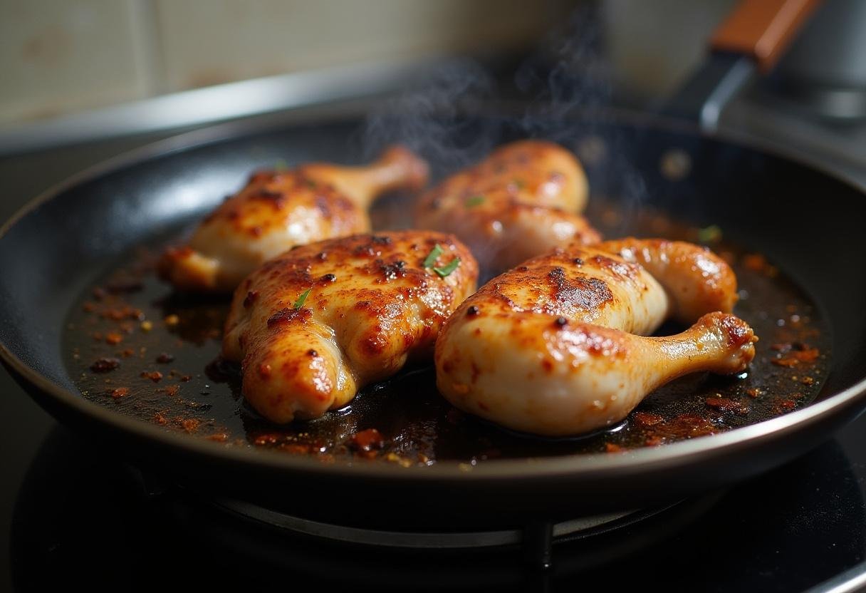 Cooking marinated chicken in a grilling pan for frango piri-piri dish.