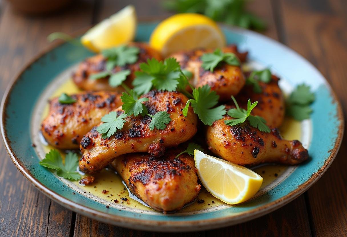 Grilled frango piri-piri served with lemon and cilantro garnish.