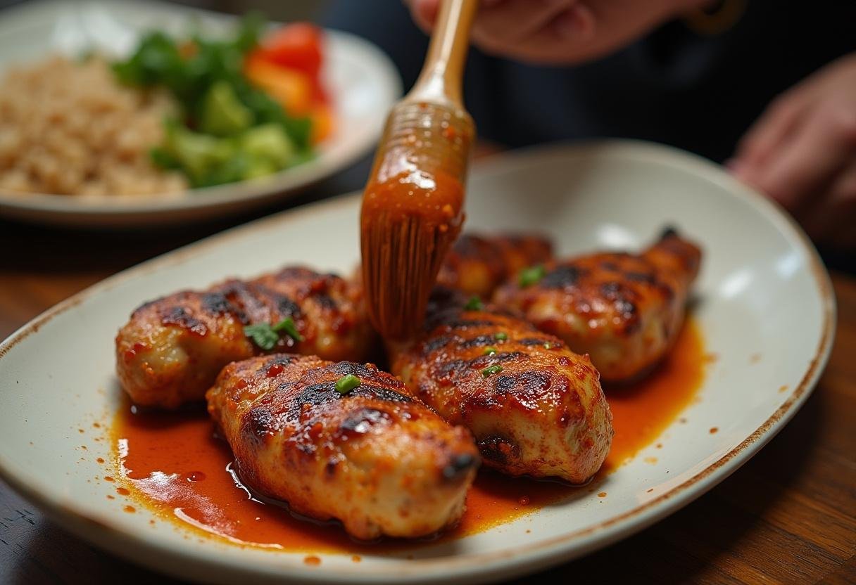 Brushing grilled chicken with piri-piri sauce for a flavorful frango piri-piri presentation.