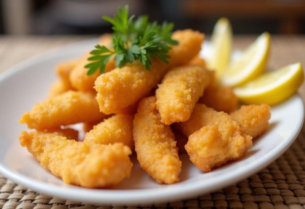 Crispy fried linguas de bacalhau served with lemon and parsley, perfect as an appetizer.