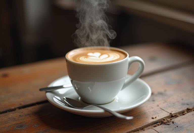 Copo de café da máquina de café Dolce Gusto apresentado em uma mesa rústica.