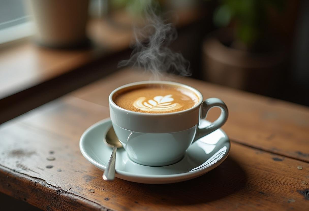 Copo de café da máquina de café Dolce Gusto apresentado em uma mesa rústica.