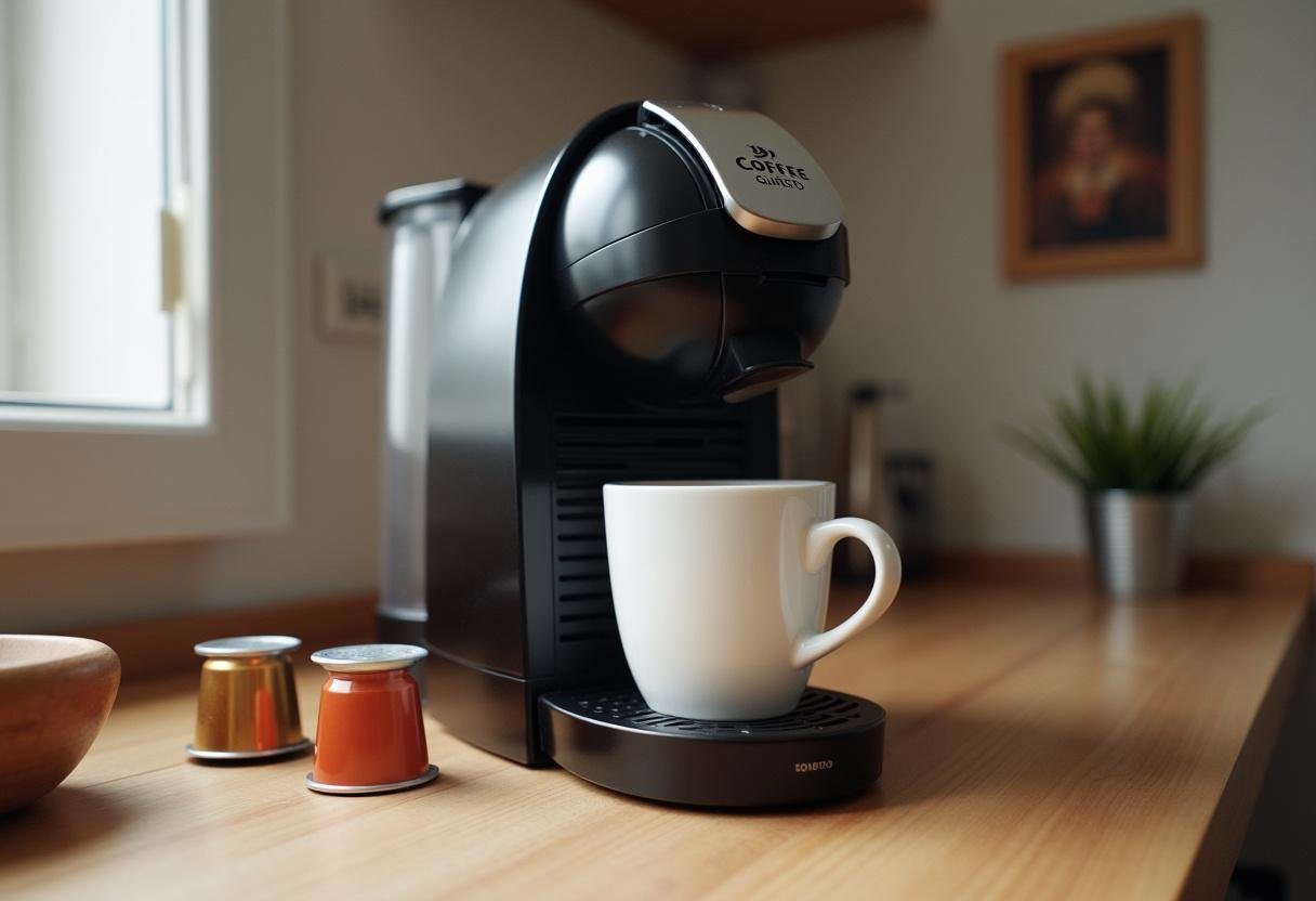 Máquina de café Dolce Gusto posicionada com cápsulas em um balcão de cozinha.
