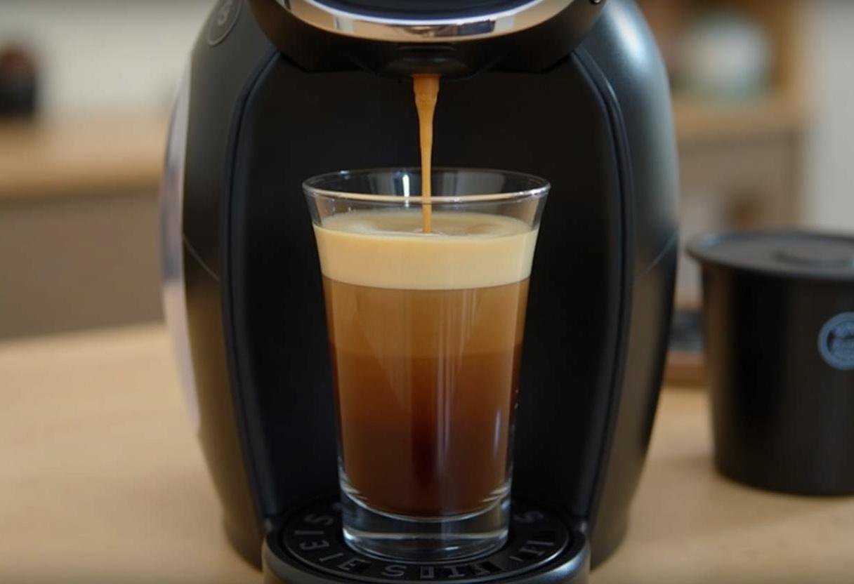 Preparação de café expresso na máquina de café Dolce Gusto em ação.