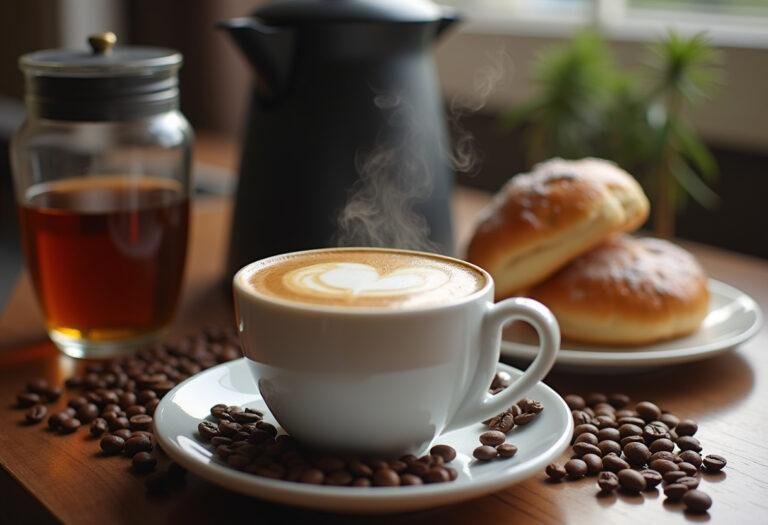 Café servido em uma mesa com máquina de café portátil, grãos de café e doces.
