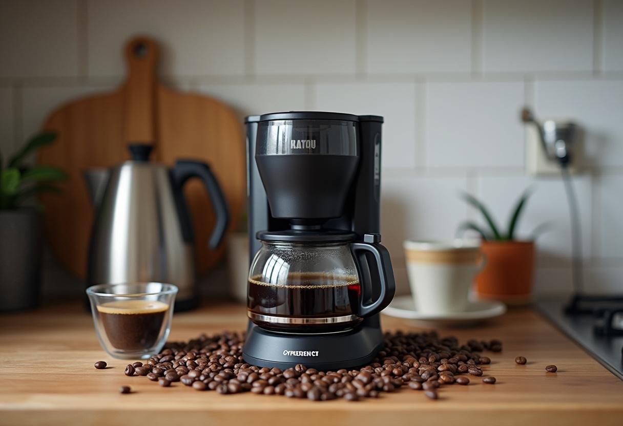 Máquina de café portátil em um balcão com grãos de café frescos e uma xícara.