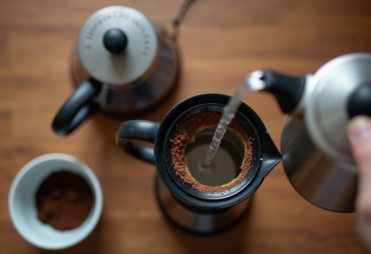 Preenchendo a máquina de café portátil com água para preparar café.