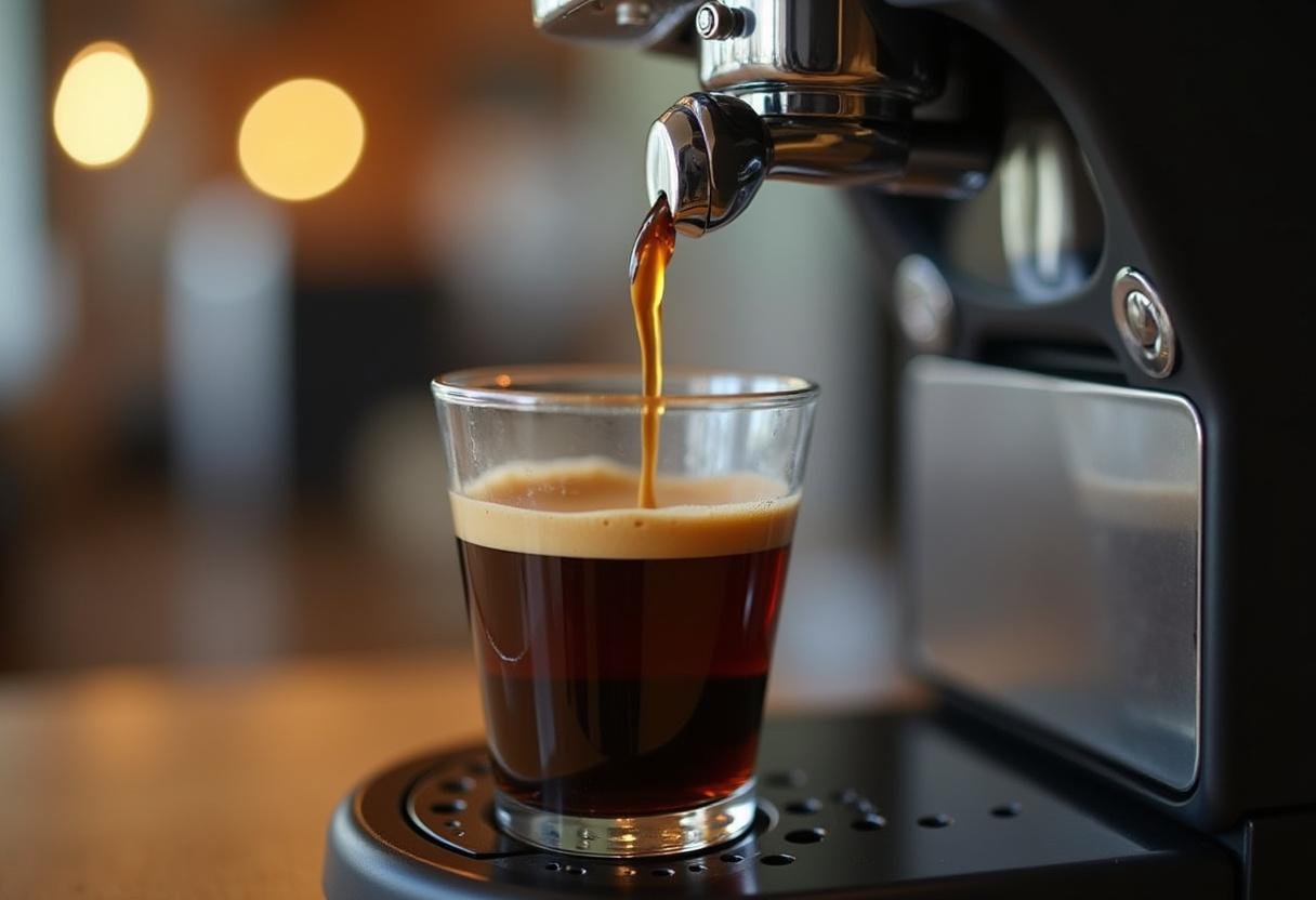 Café sendo preparado na máquina de café portátil, com líquido escorrendo para a xícara.