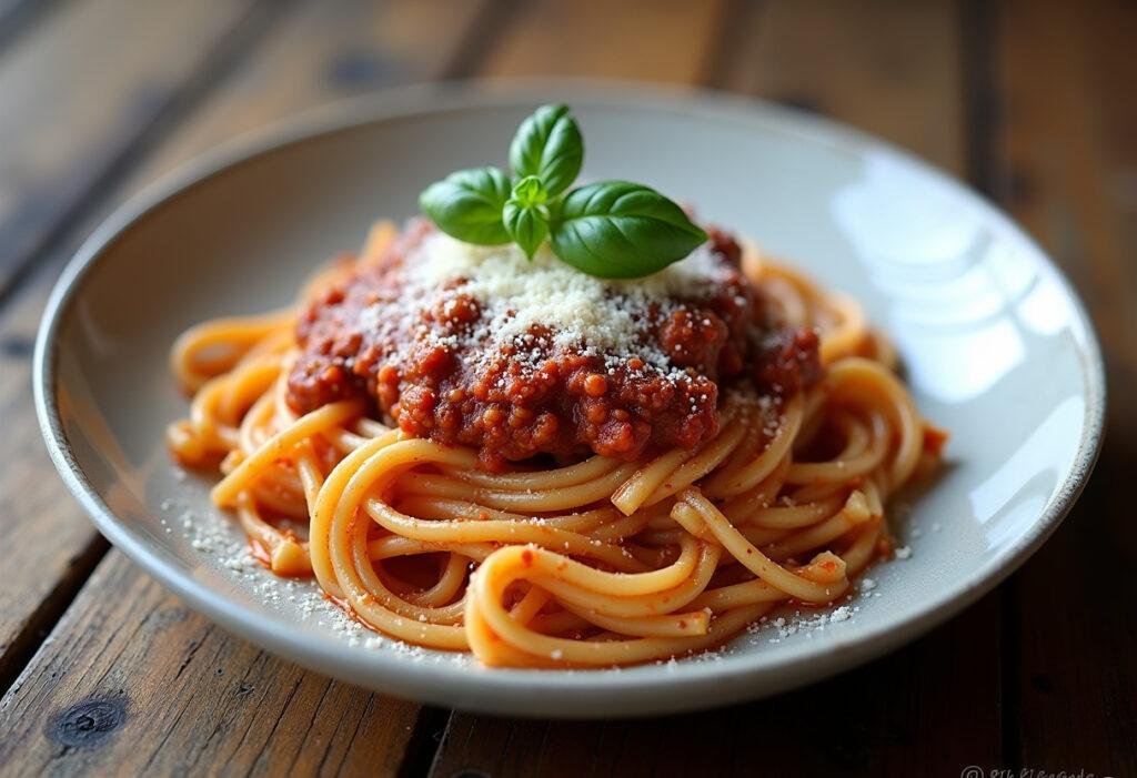 Massa à bolonhesa finalizada com queijo parmesão e manjericão, perfeita para uma refeição caseira.
