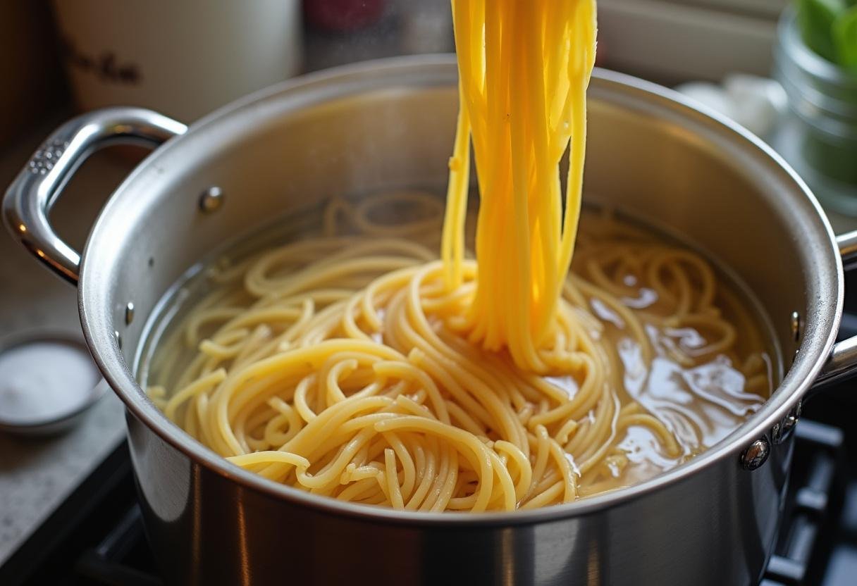 Massa sendo cozida em água fervente para a massa à bolonhesa receita.