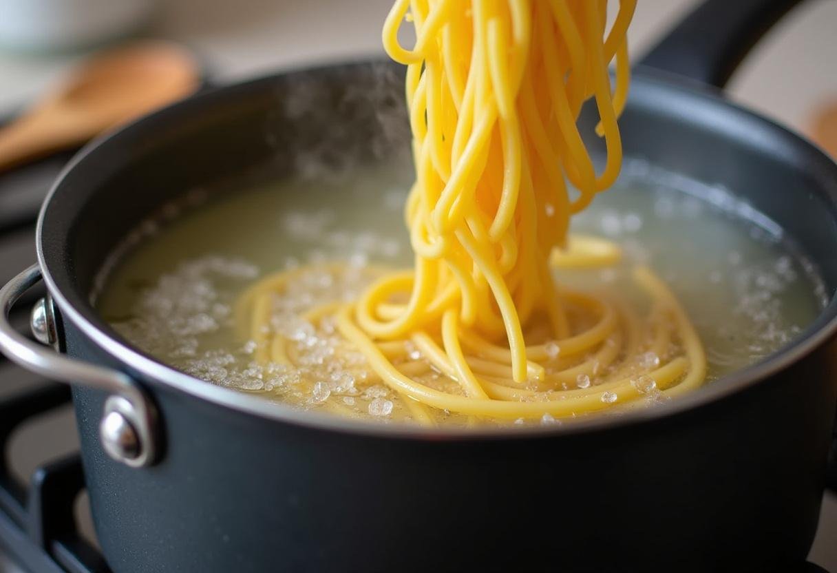 Pasta being cooked in boiling water as part of the massa com camarão receita.