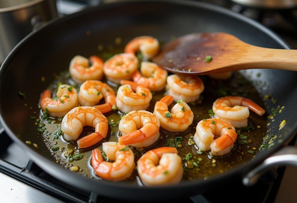 Shrimp being sautéed in olive oil and garlic for massa com camarão receita.