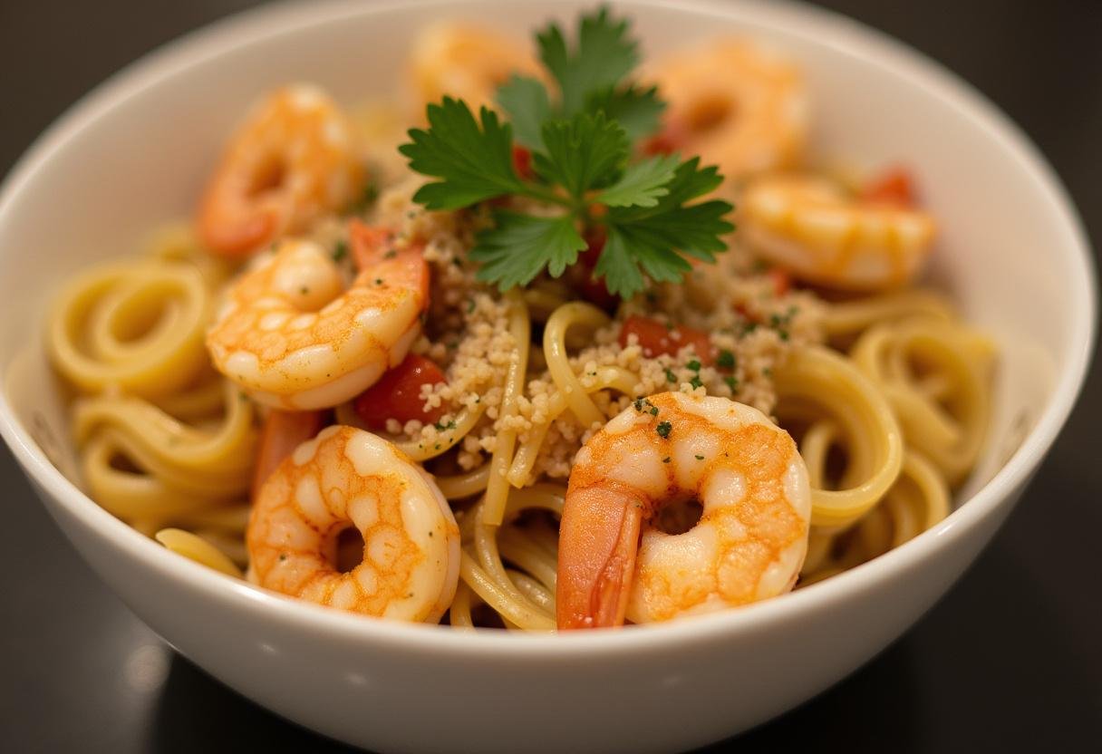 Cooked pasta combined with sautéed shrimp and cream for receitas massas com camarão e natas.