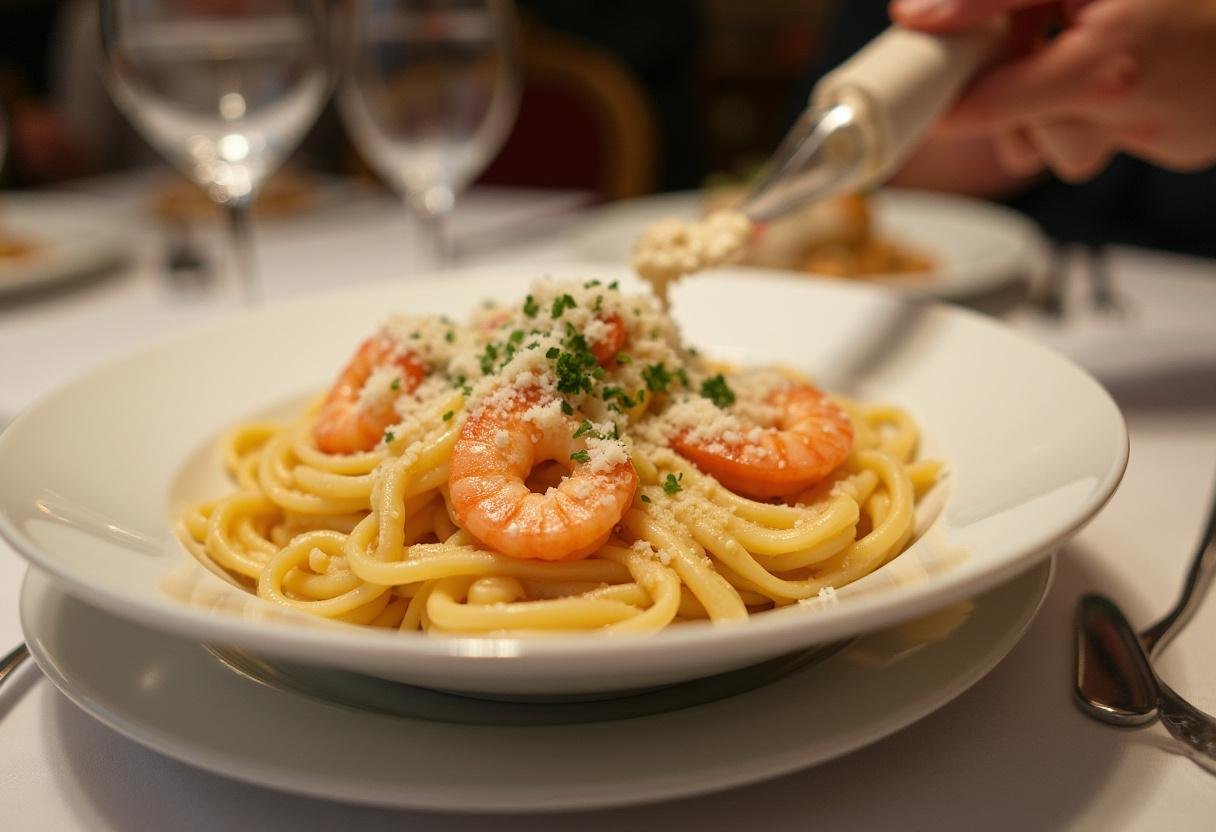 Creamy shrimp pasta being served for massa com camarão.