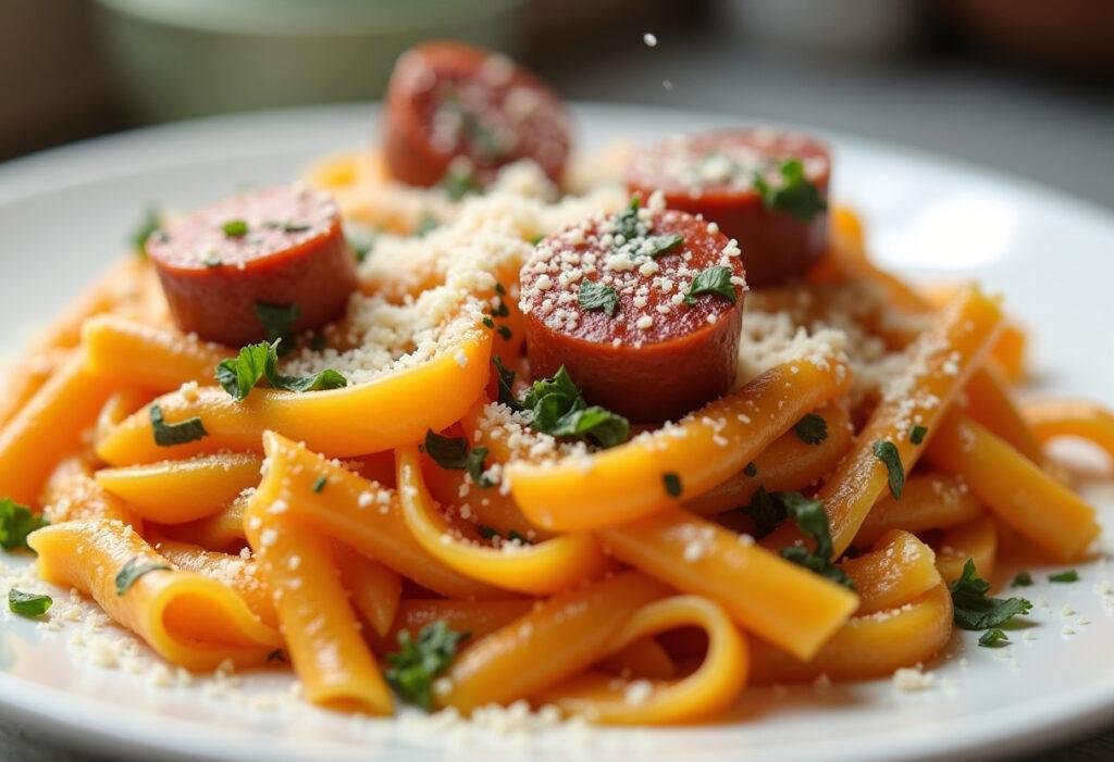 Prato de massa com salsichas light decorado, ideal para uma refeição saudável.