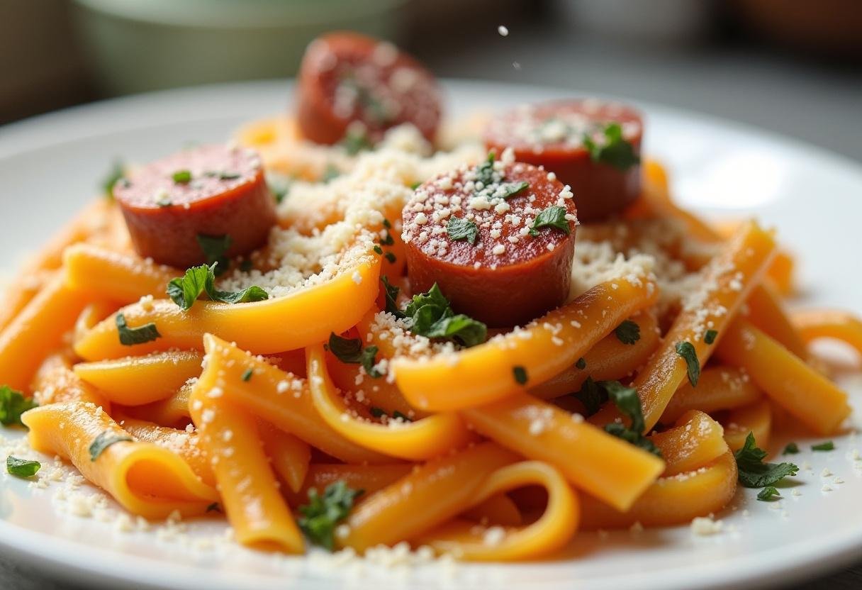 Prato de massa com salsichas light decorado, ideal para uma refeição saudável.