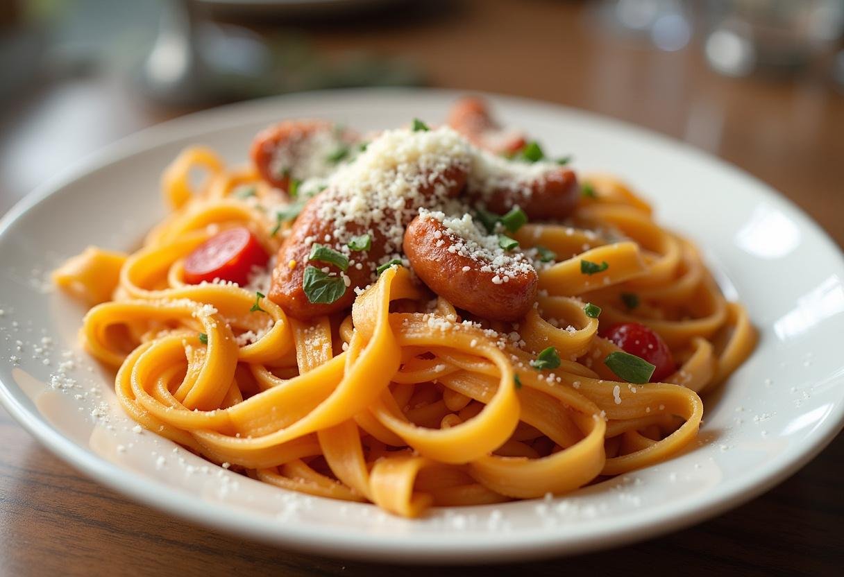 Prato de massa com salsichas light decorado, ideal para uma refeição saudável.