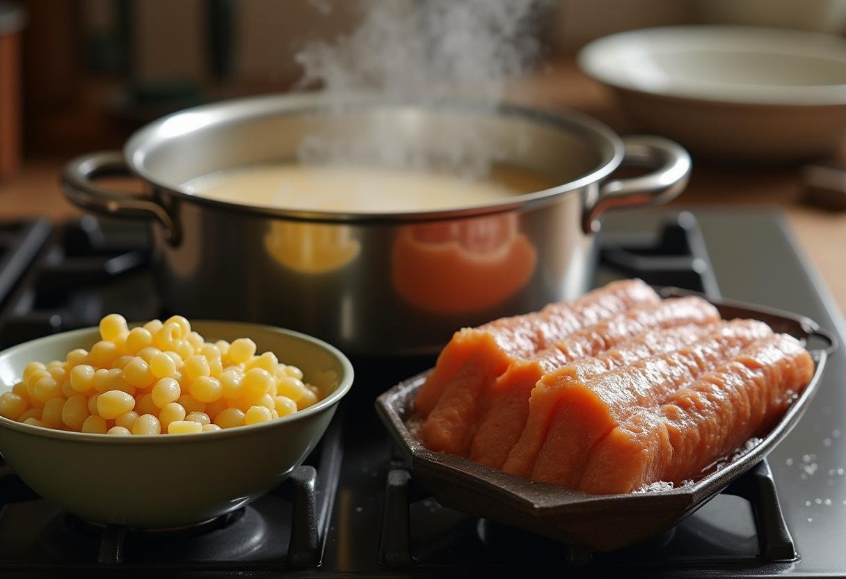 Preparação de massa com salsichas, com água fervente e ingredientes à vista.