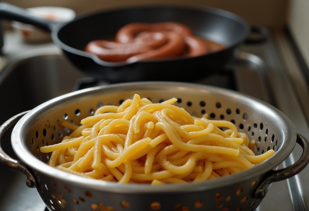 Massa cozida sendo drenada para receita de massa com salsichas light.