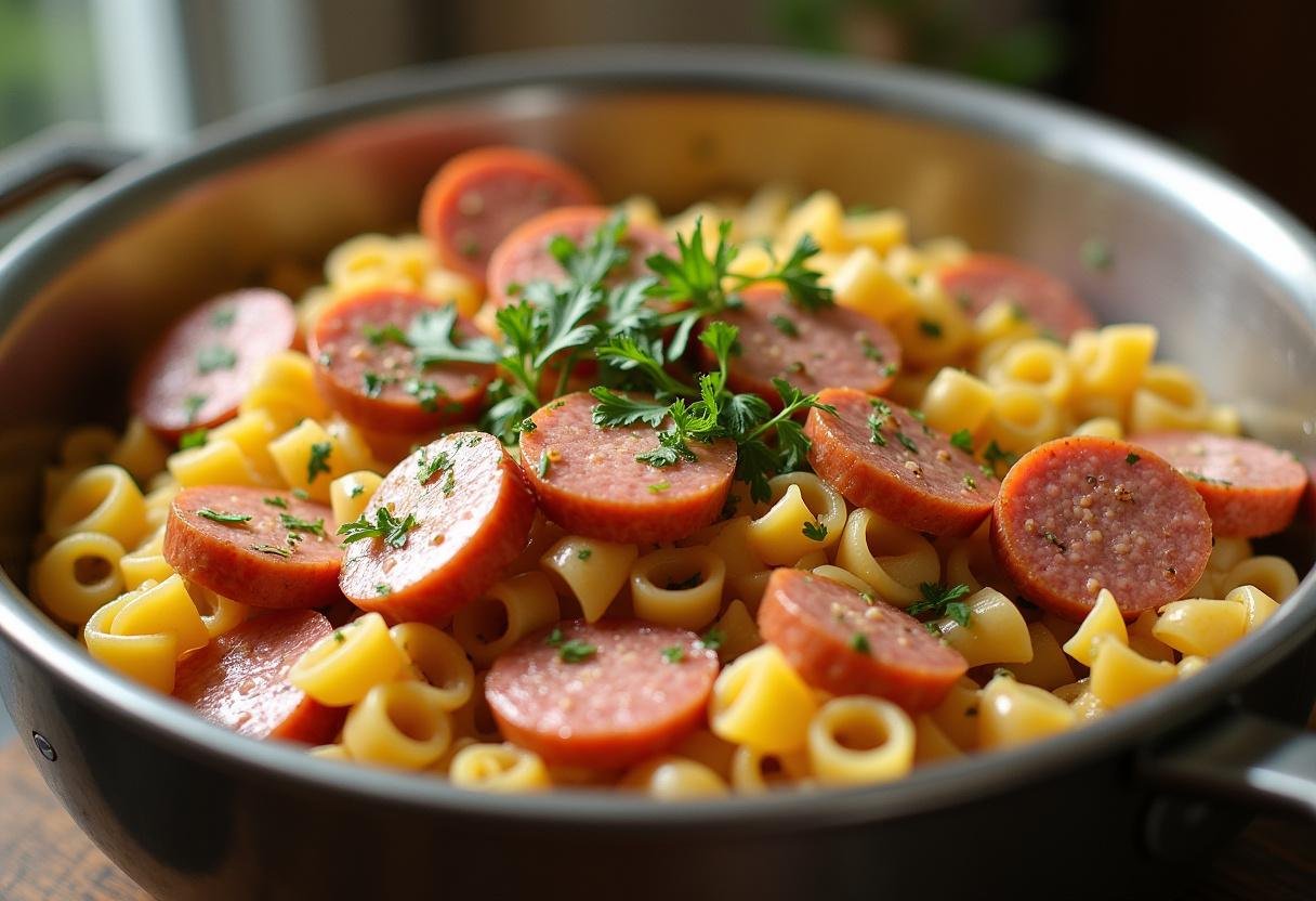 Mistura de massa e salsichas light em uma tigela, pronta para temperar.