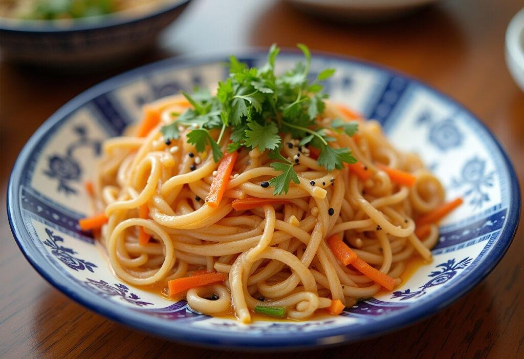 Prato finalizado de massa de arroz com ervas frescas, ideal para servir.