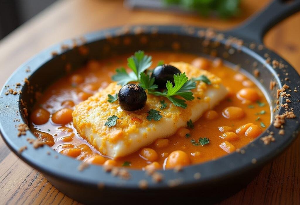 Finished massa de bacalhau dish served with olives, perfect for a delicious meal.