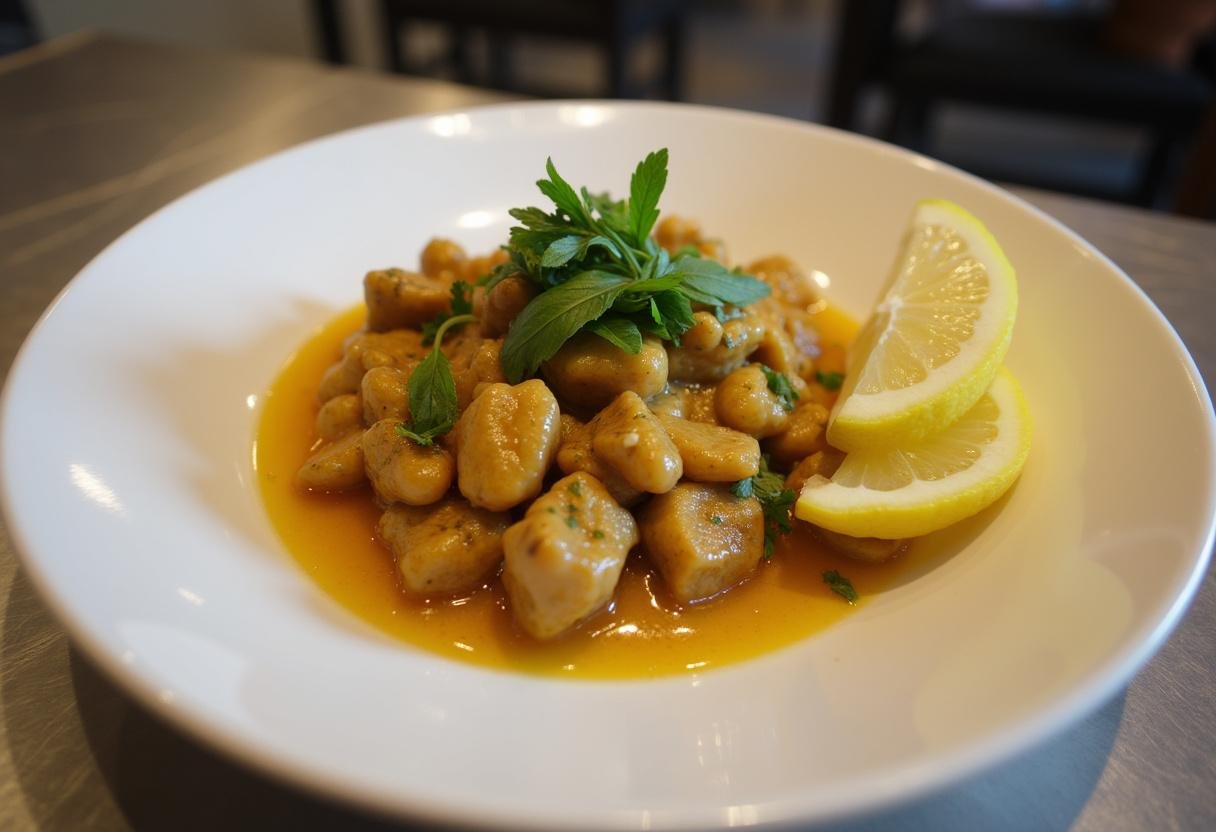 Deliciosa massa de tamboril servida quente, perfeita para uma refeição reconfortante.