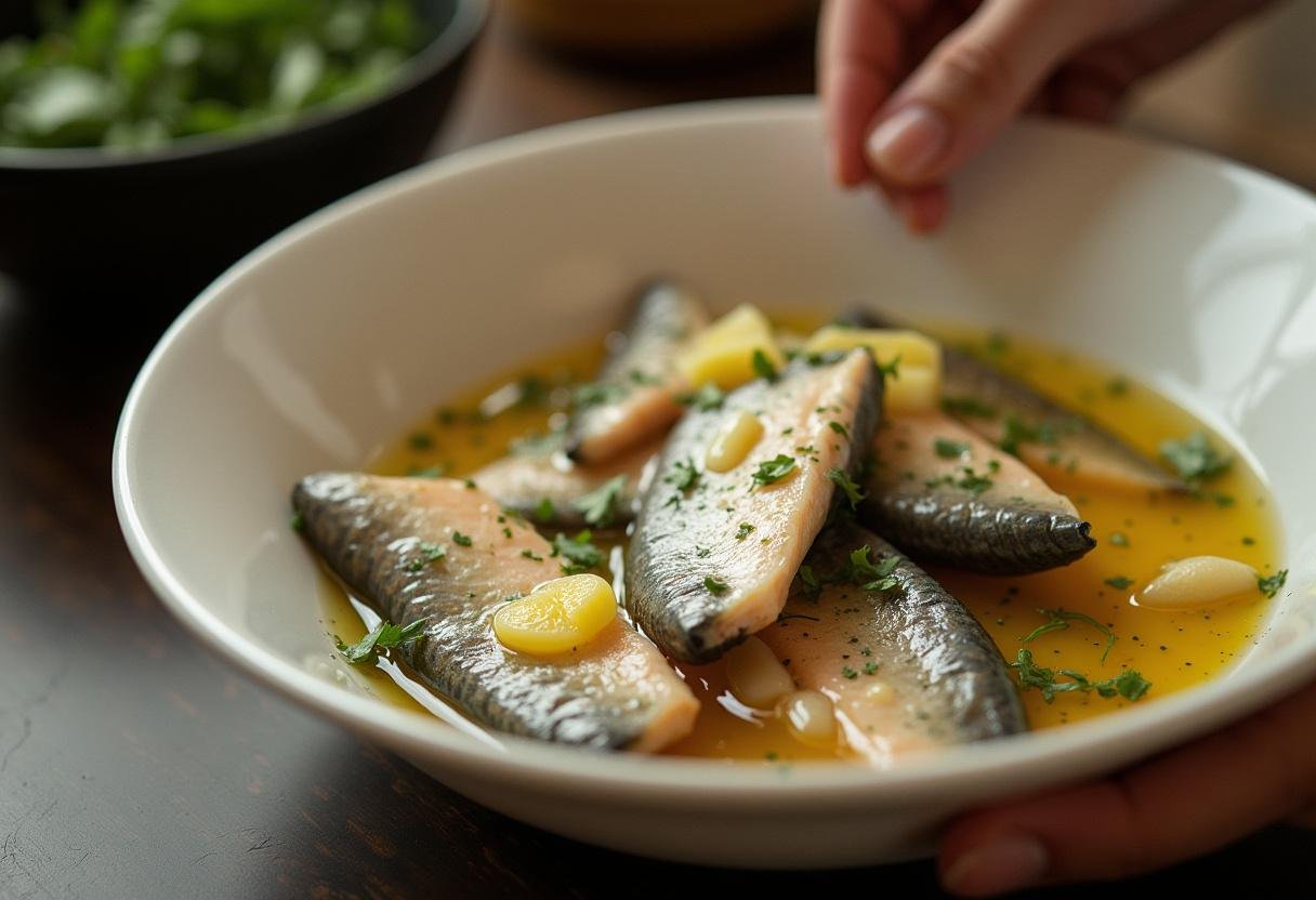 Massa de tamboril marinando com azeite e alho para intensificar o sabor.