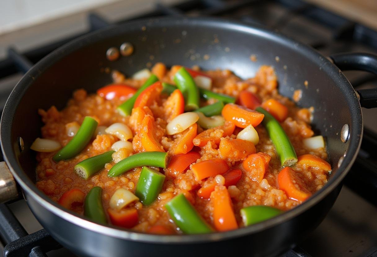 Refogando cebolas e pimentões para um prato de massada de peixe saboroso.