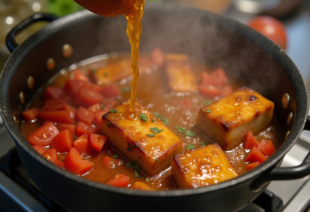 Adicionando o peixe tamboril à panela com os legumes para uma rica massada de tamboril.