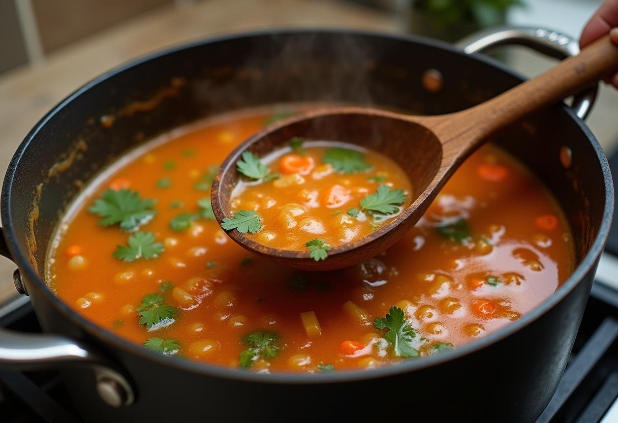 Massa de tamboril cozinhando em fogo brando numa panela, misturando sabores ricos.