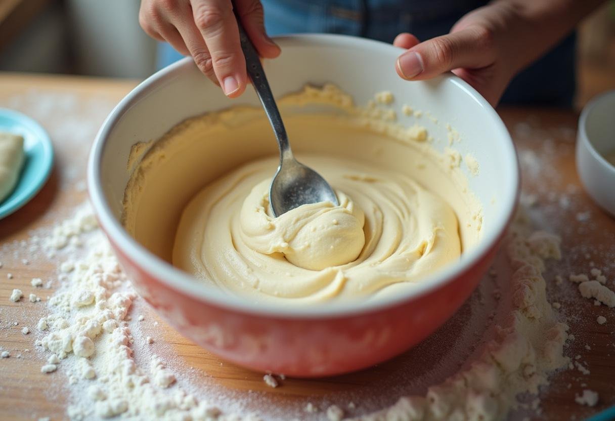 Massa sem glúten sendo misturada em uma tigela para obter a textura desejada.