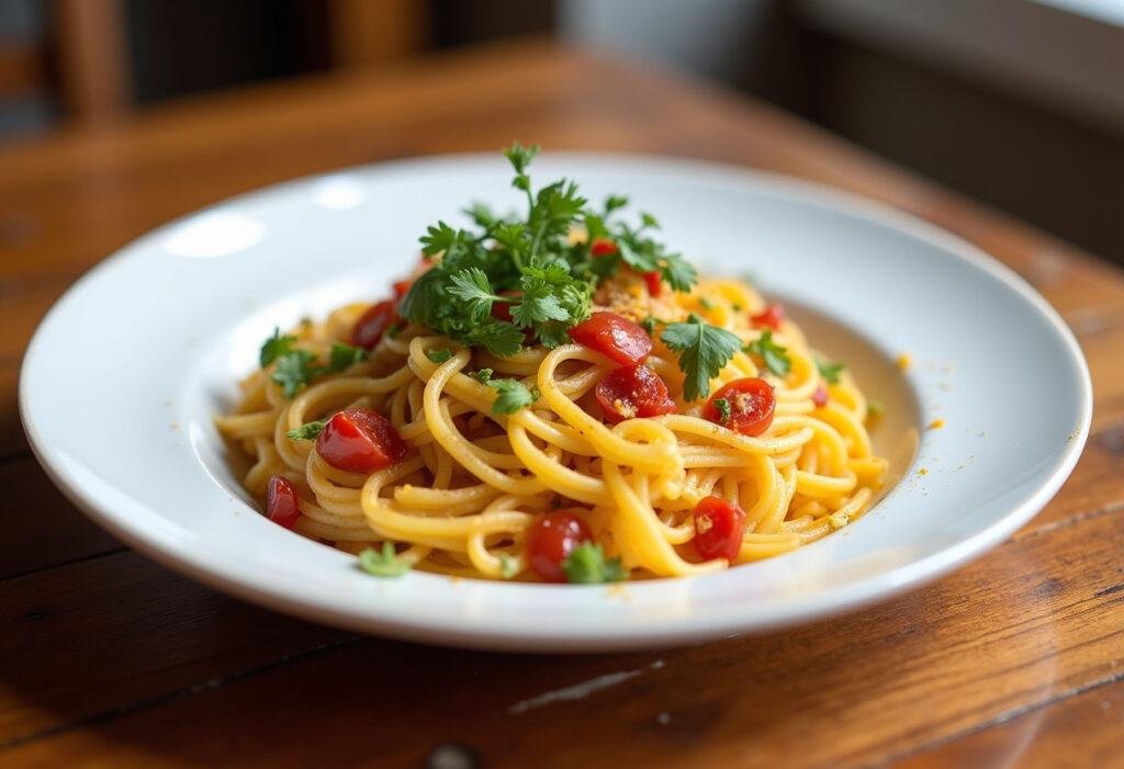 Prato finalizado de massas criativas, perfeito para refeições em família.