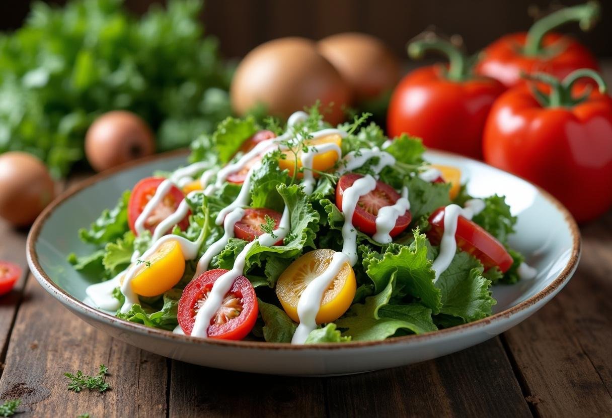 Salada colorida com molho de iogurte light, ideal para uma refeição saudável.