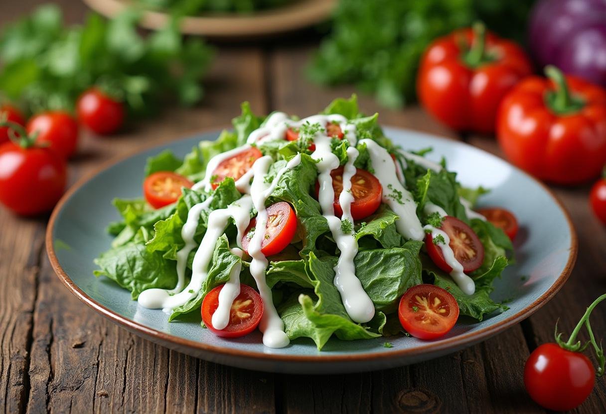 Salada colorida com molho de iogurte light, ideal para uma refeição saudável.